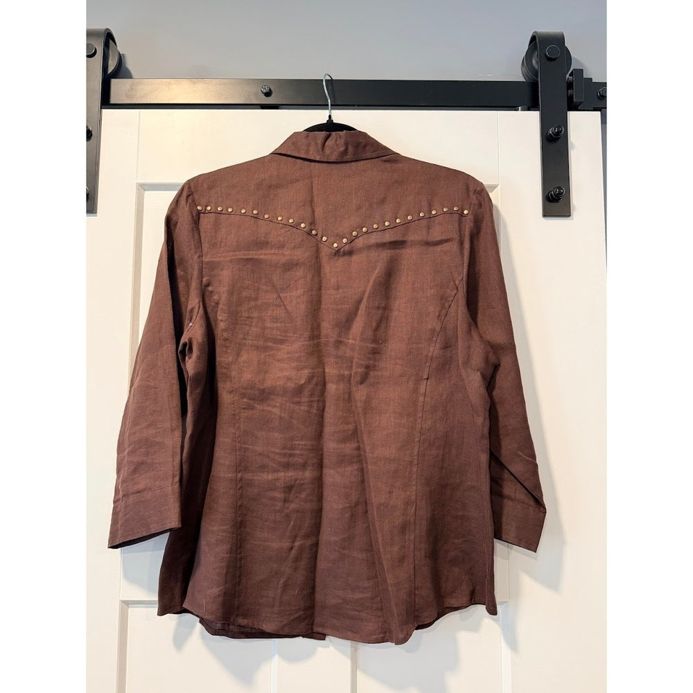 NWT Tracy M. Western-Style Brown Linen Button-Front Shirt Ladies Sz XL