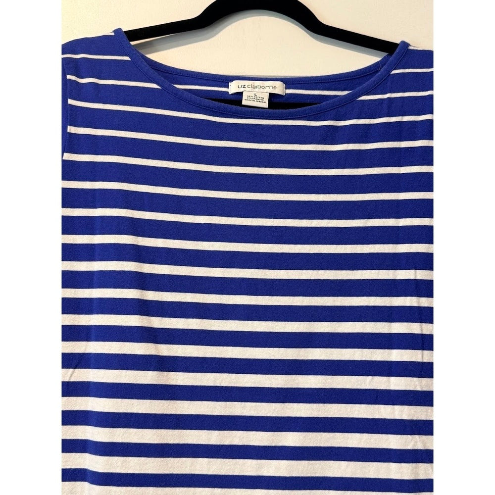Liz Claiborne Royal Blue and White Striped Cap-Sleeve Tee Ladies Size Large