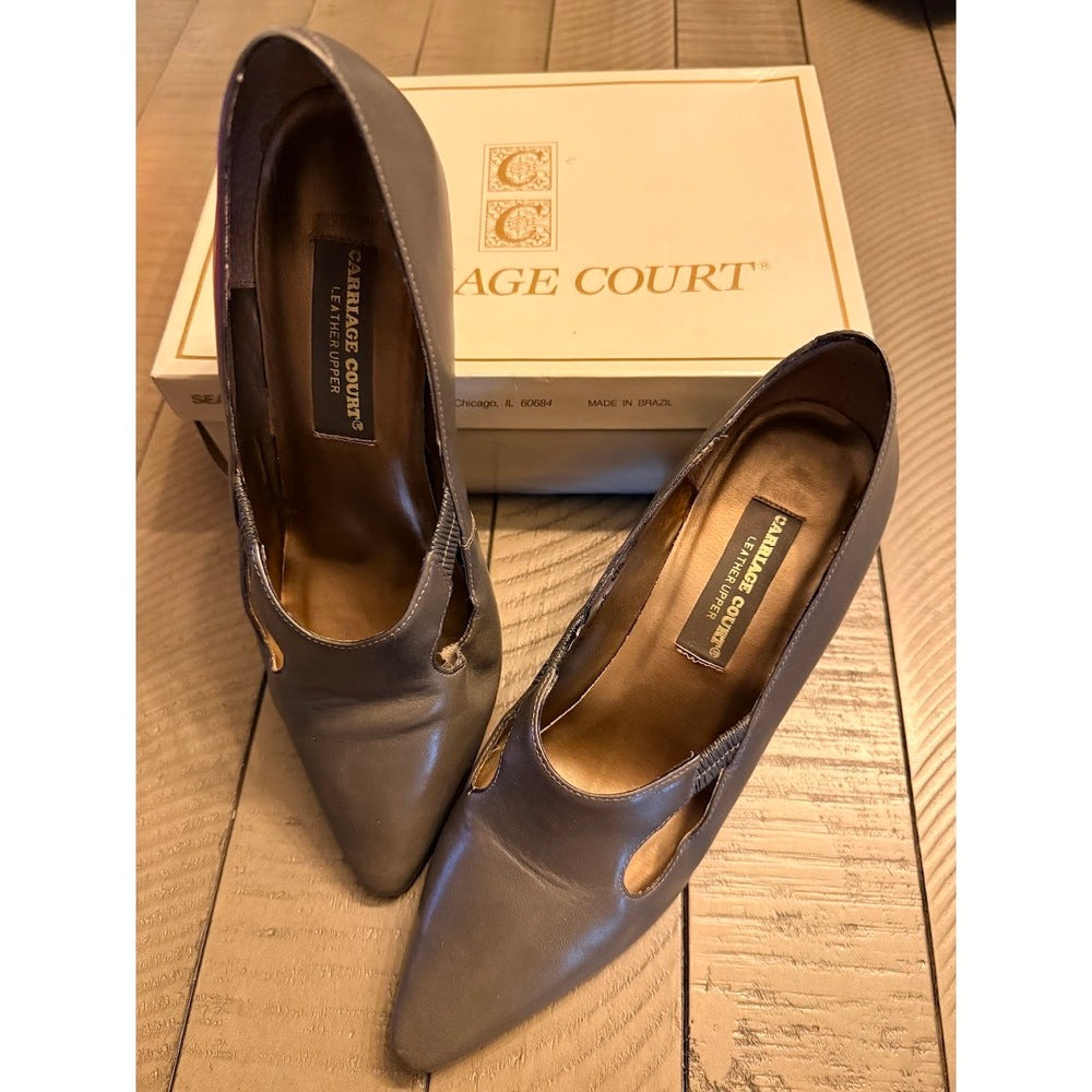 Vintage Carriage Court Dark Gray Leather Heels Ladies Size 10B