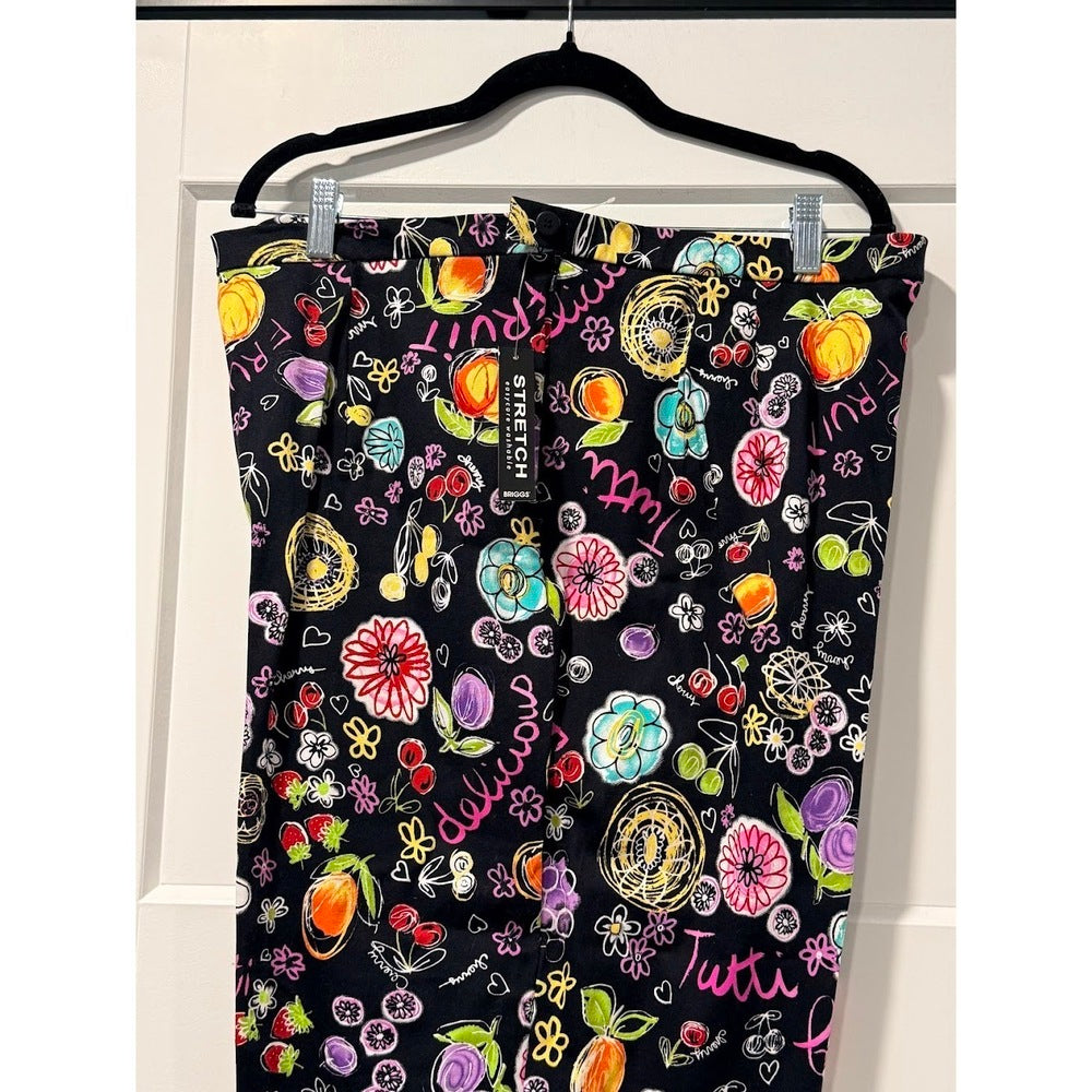 NWT Briggs Vibrant Summertime Print on Black Stretchy Capri Pants Sz 20 W
