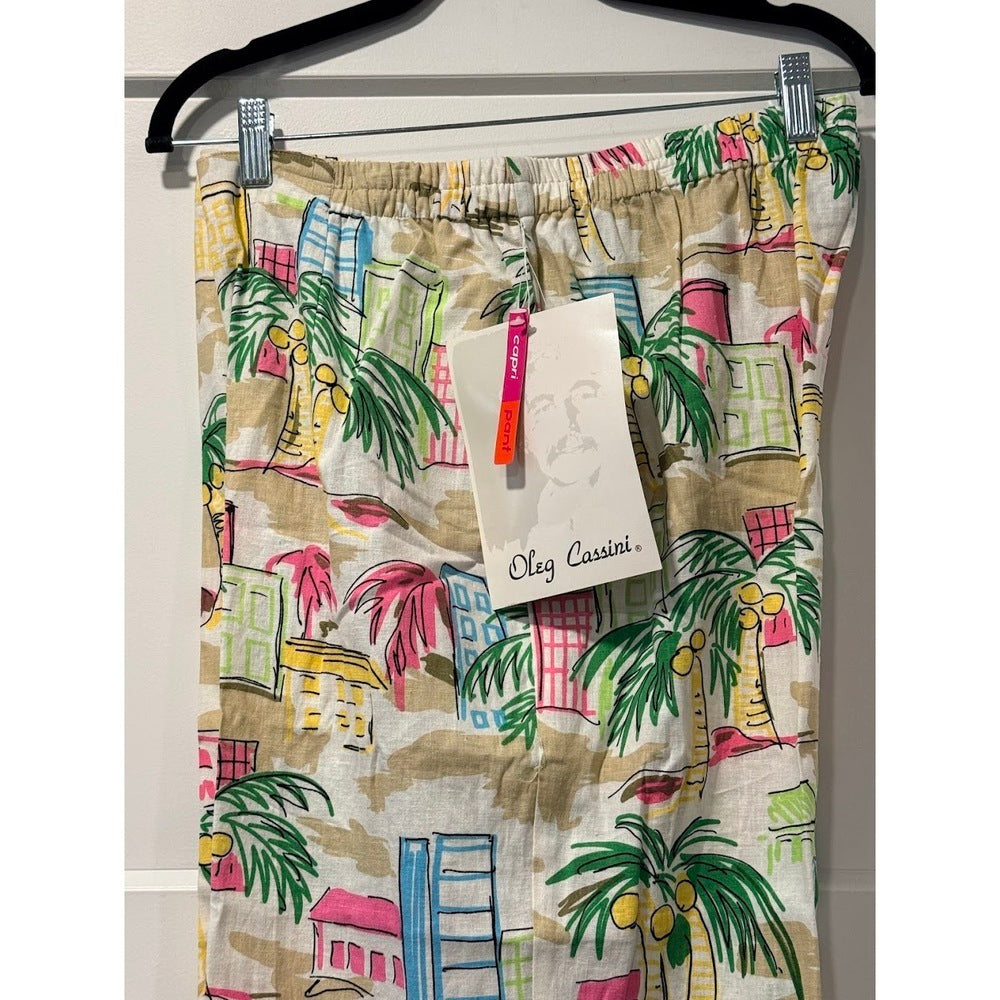 NWT Oleg Cassini Linen Pull-On Summertime Print Pants Ladies Sz XL