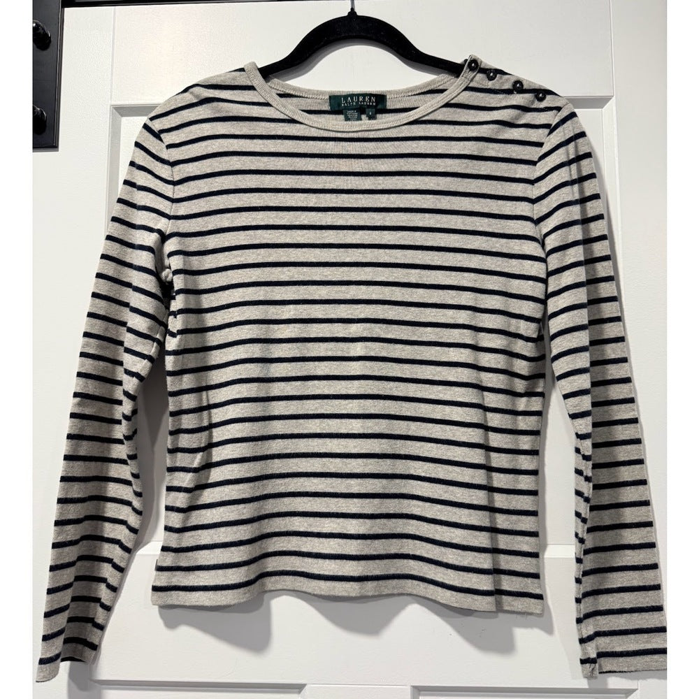 Cute Ralph Lauren Black & Tan Long Sleeve Button-Shoulder Tee Sz Small
