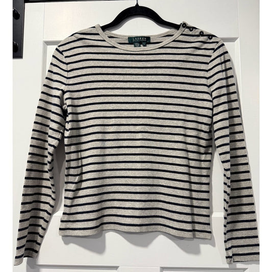 Cute Ralph Lauren Black & Tan Long Sleeve Button-Shoulder Tee Sz Small
