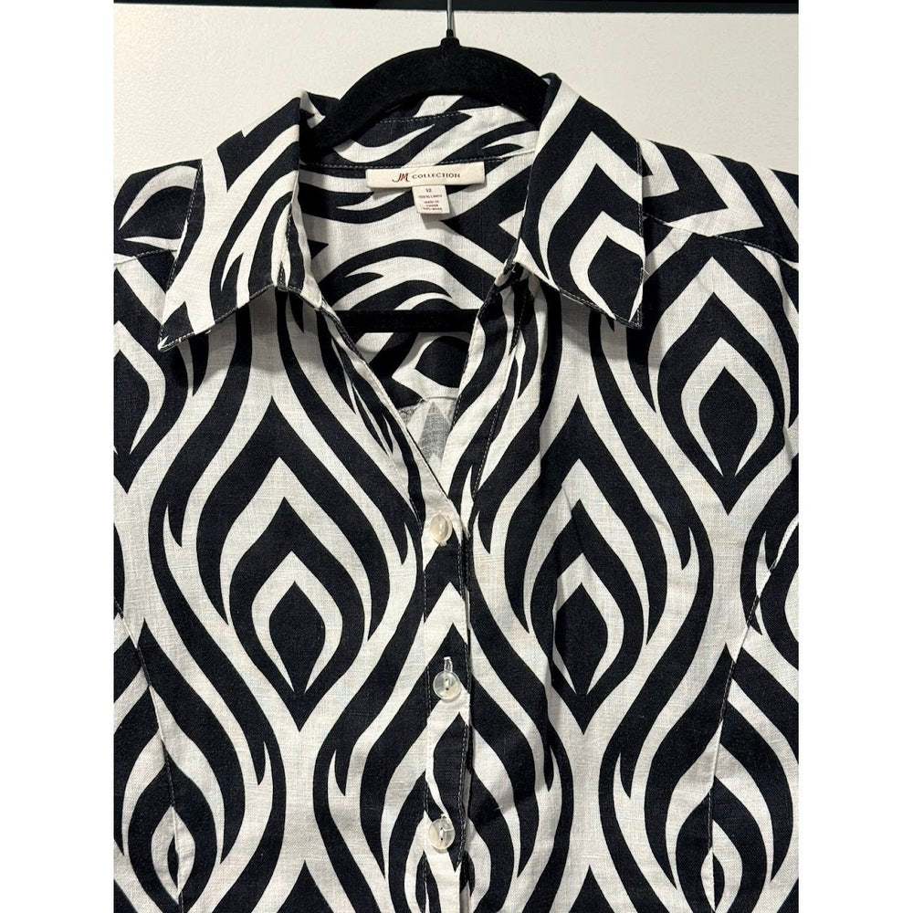 M Collection Black & White Button-Front Linen Blouse Ladies Size 12