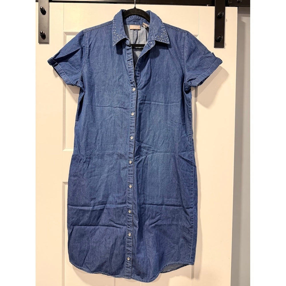 Cute Chico's Chambray Denim Button-Front Short-Sleeve Dress Medium