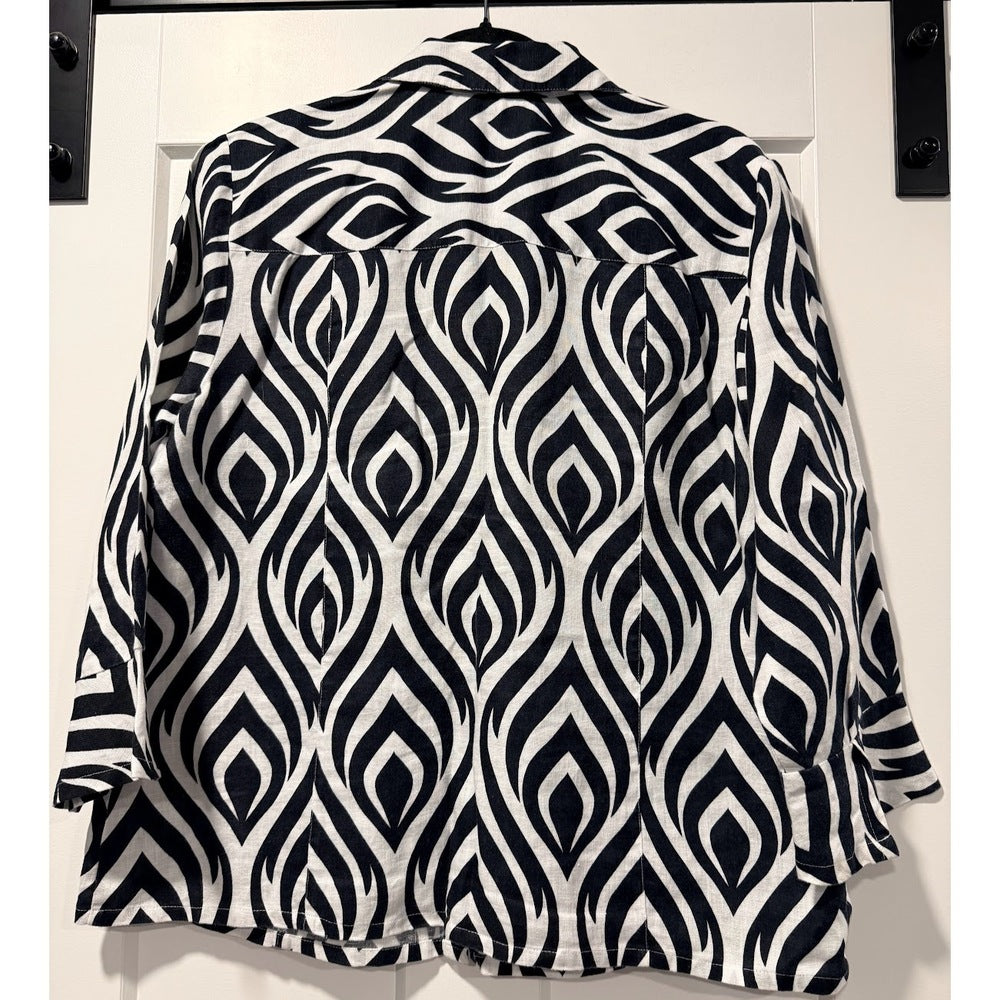 M Collection Black & White Button-Front Linen Blouse Ladies Size 12