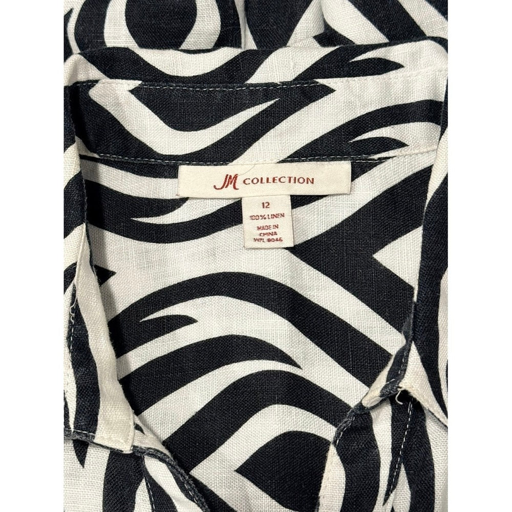 M Collection Black & White Button-Front Linen Blouse Ladies Size 12