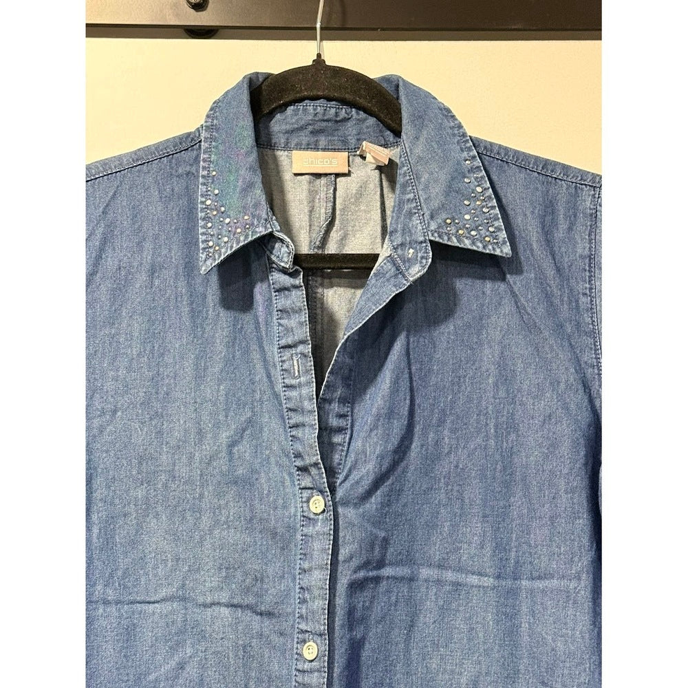Cute Chico's Chambray Denim Button-Front Short-Sleeve Dress Medium
