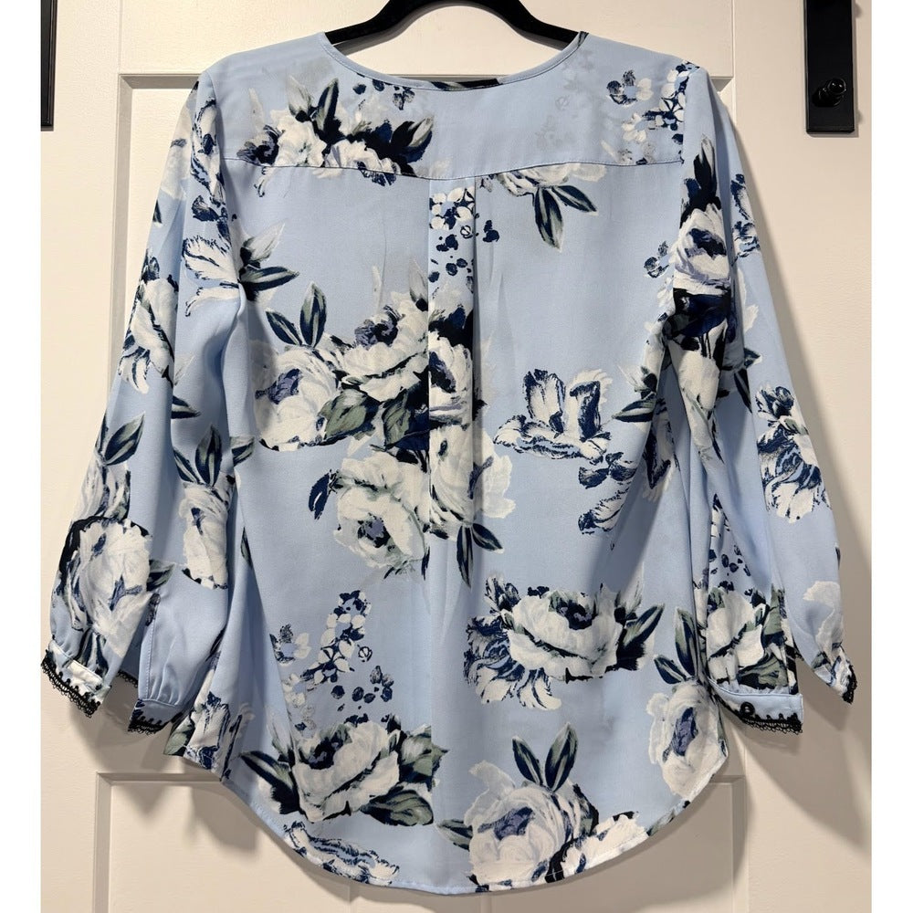 Kark Lagerfeld Light Blue & Navy Floral Blouse Ladies Size Small