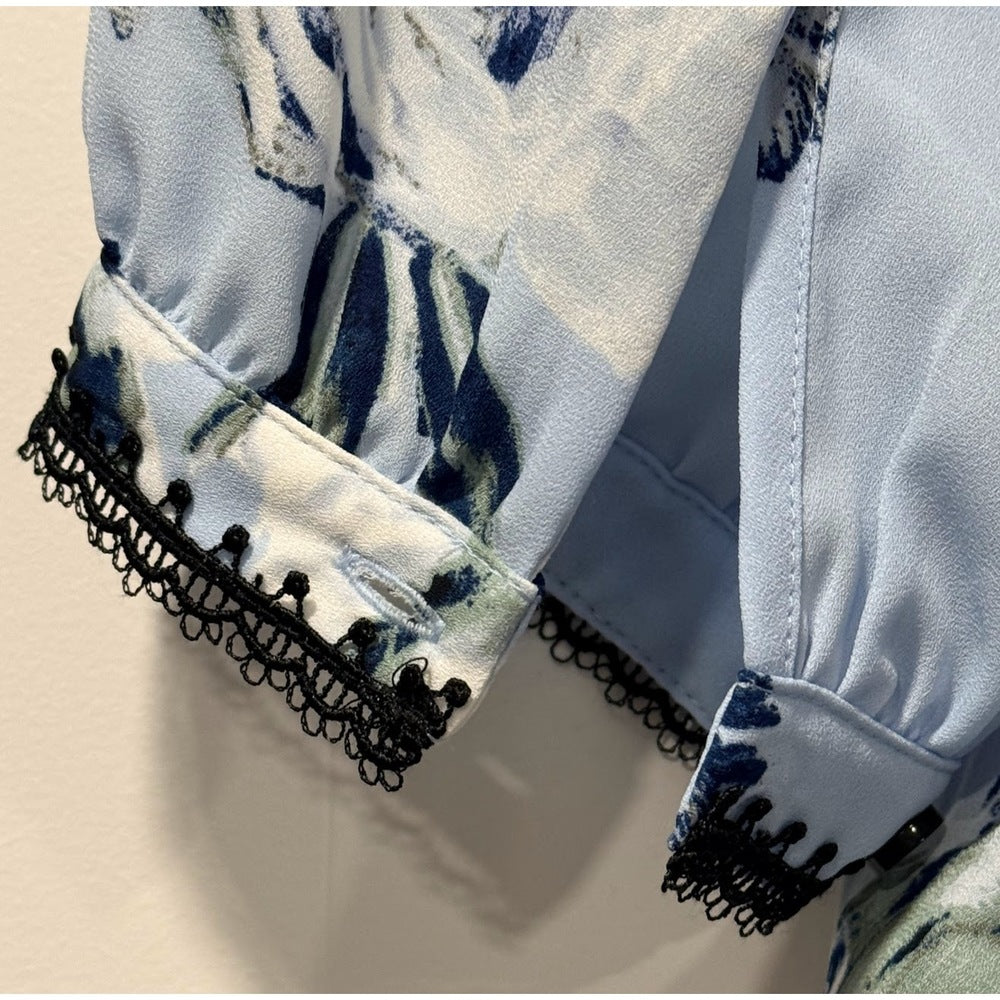 Kark Lagerfeld Light Blue & Navy Floral Blouse Ladies Size Small