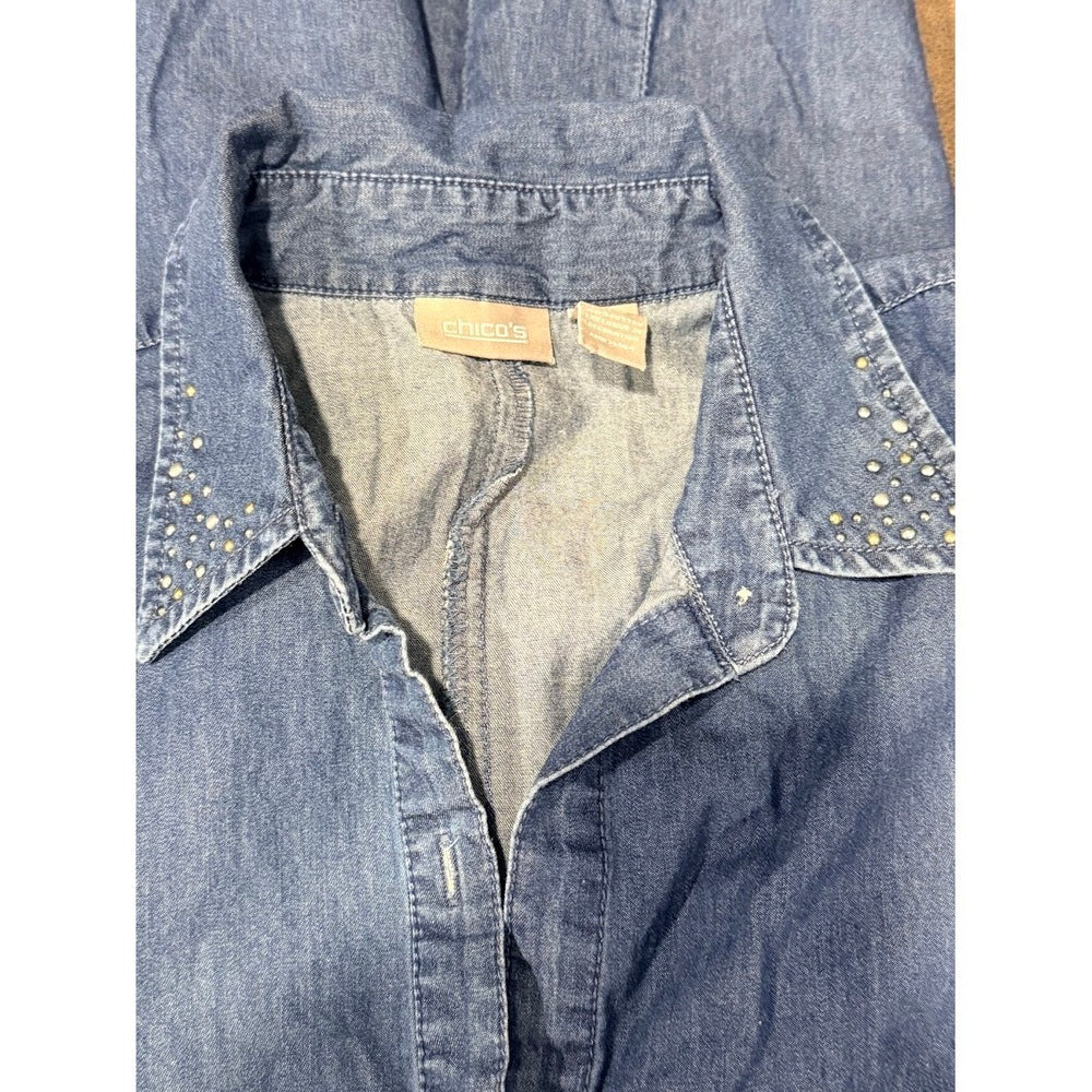 Cute Chico's Chambray Denim Button-Front Short-Sleeve Dress Medium