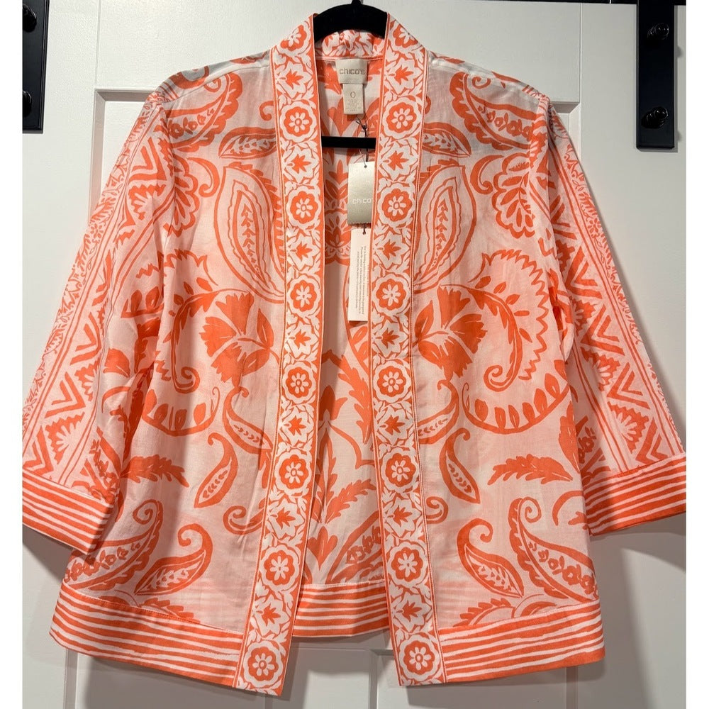 NWT Chico's Cotton & Silk Coral Paisley Kimono Ladies Size Small