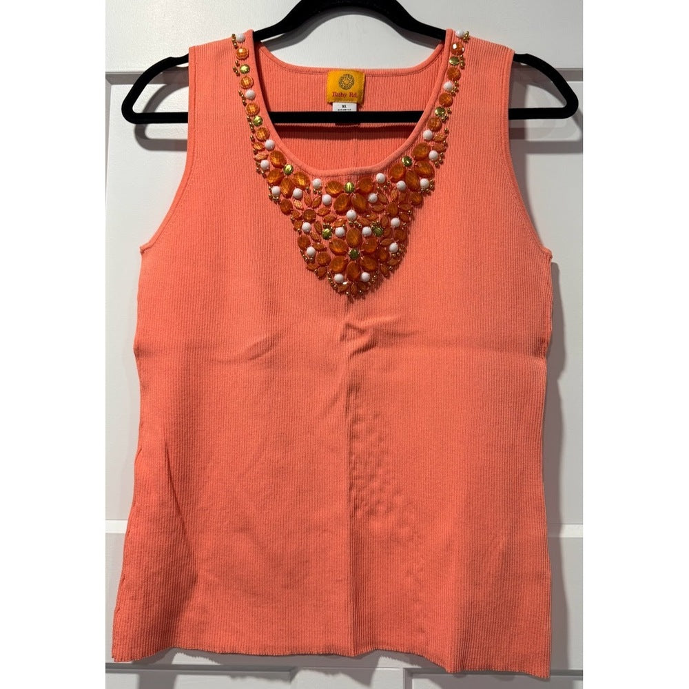 Ruby Rd. Coral Ribbed Tank With Bead Embellishments Size XL