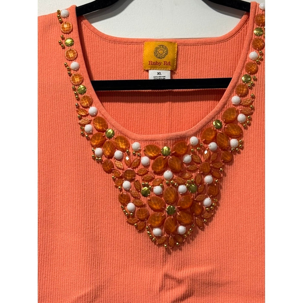 Ruby Rd. Coral Ribbed Tank With Bead Embellishments Size XL