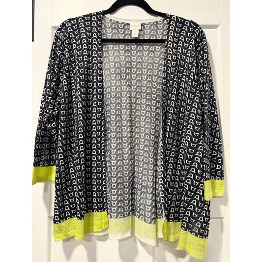 Chico's Black, White & Lime Green Gauzy Open Cardigan Size Large