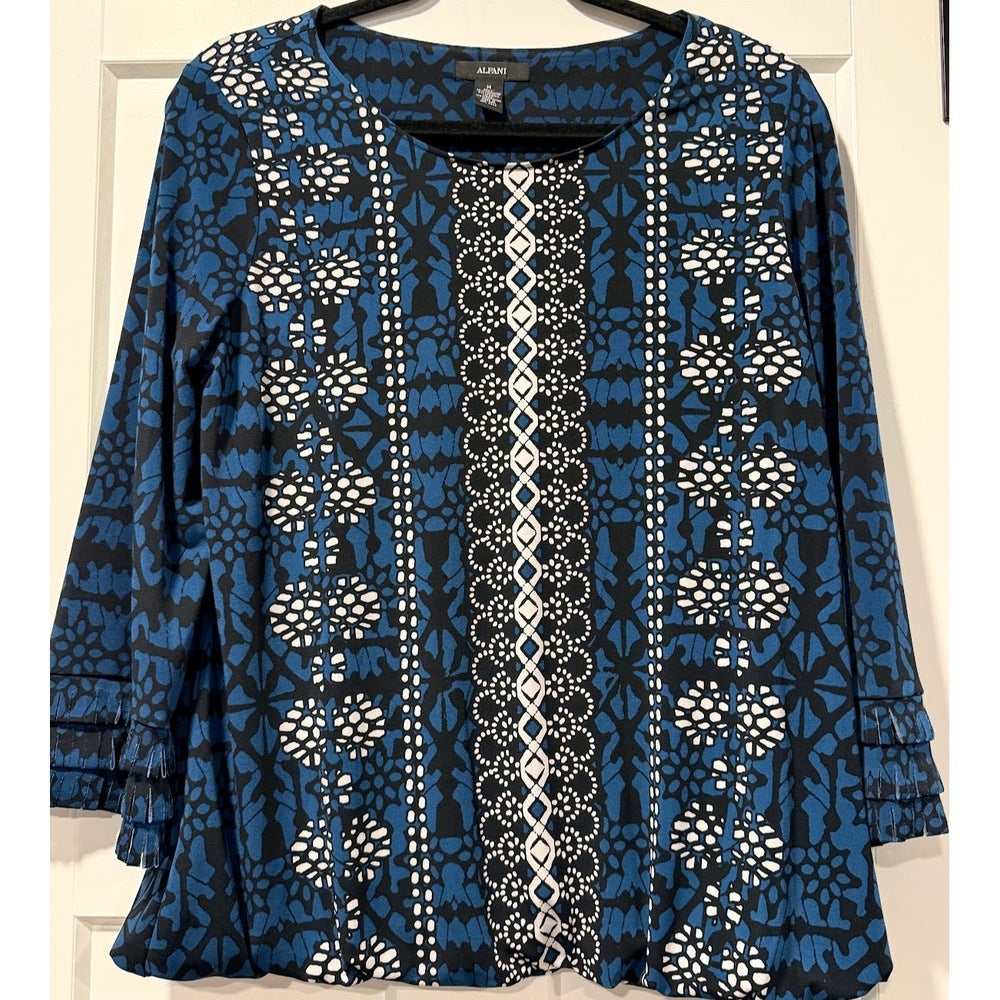 Alfani Teal, Black & White Long-Sleeve Abstract Print Blouse Size Medium