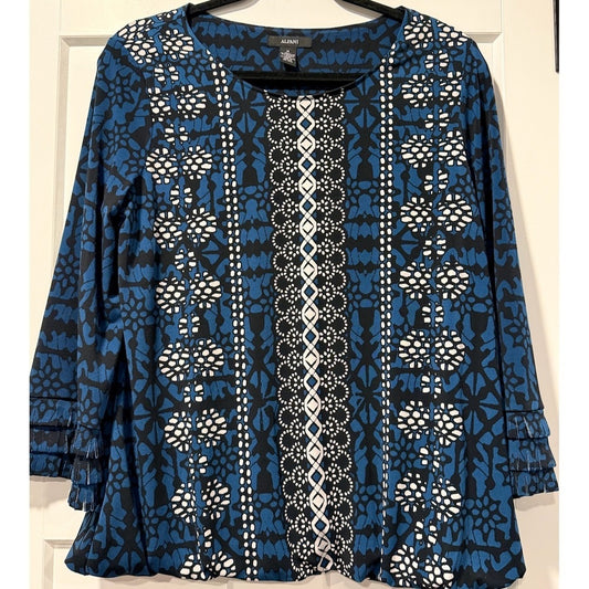 Alfani Teal, Black & White Long-Sleeve Abstract Print Blouse Size Medium