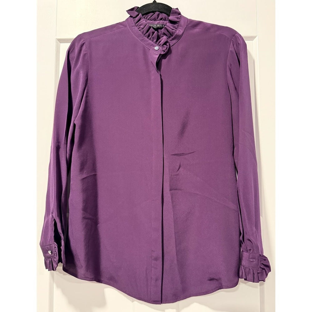 Antonio Melani Silk Eggplant Purple Dressy Blouse w/ Ruffle Collar Size Small