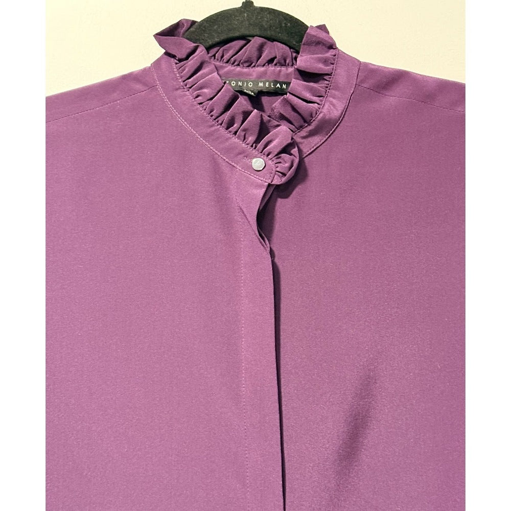 Antonio Melani Silk Eggplant Purple Dressy Blouse w/ Ruffle Collar Size Small