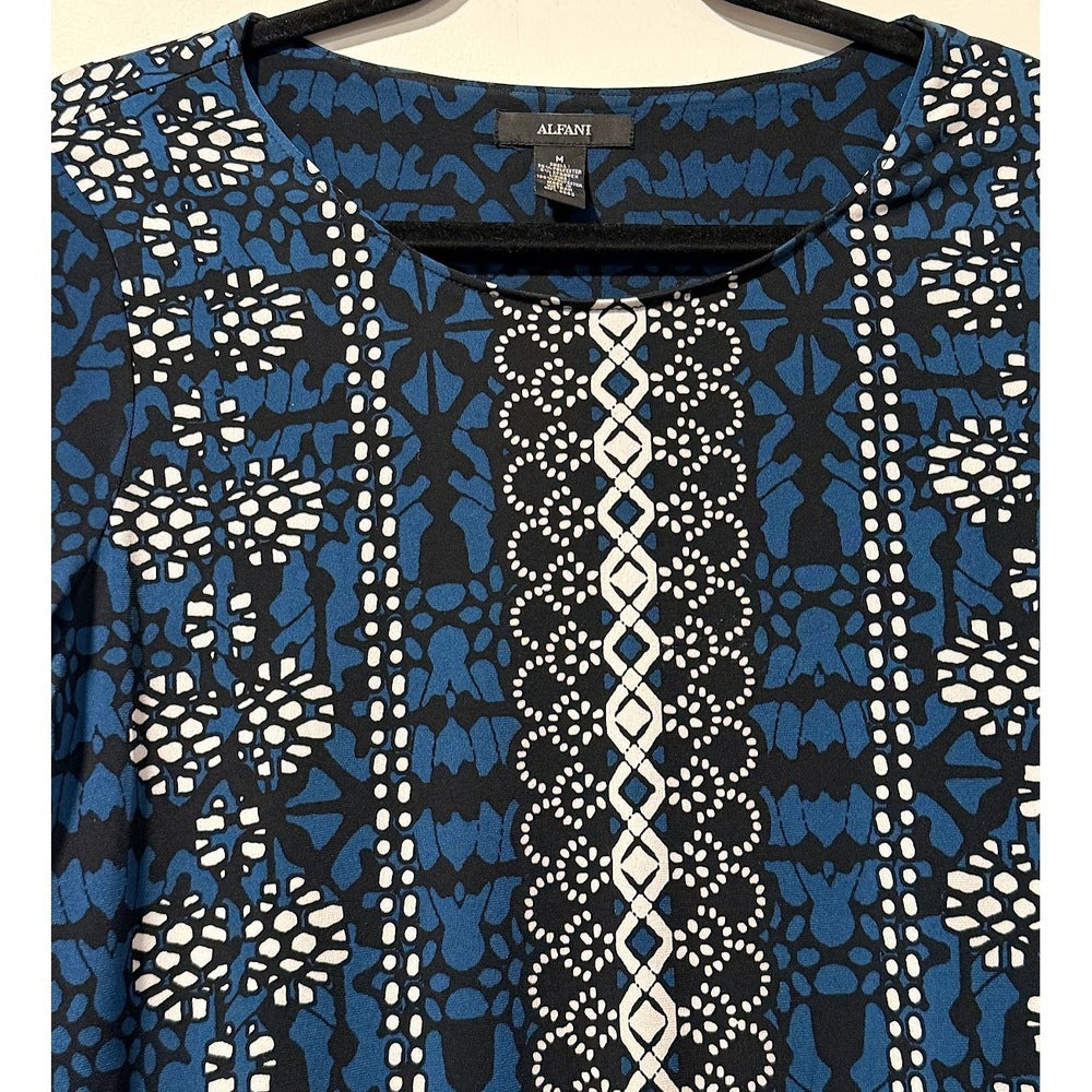 Alfani Teal, Black & White Long-Sleeve Abstract Print Blouse Size Medium