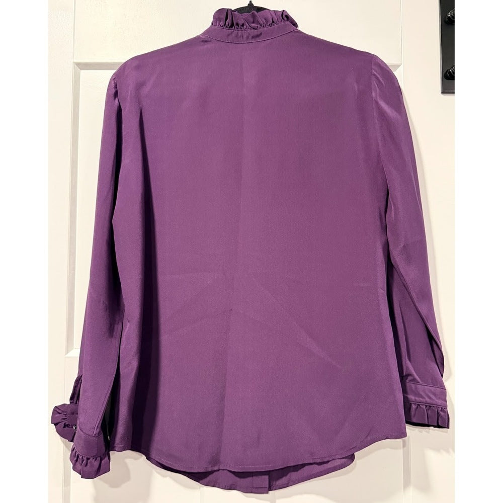 Antonio Melani Silk Eggplant Purple Dressy Blouse w/ Ruffle Collar Size Small