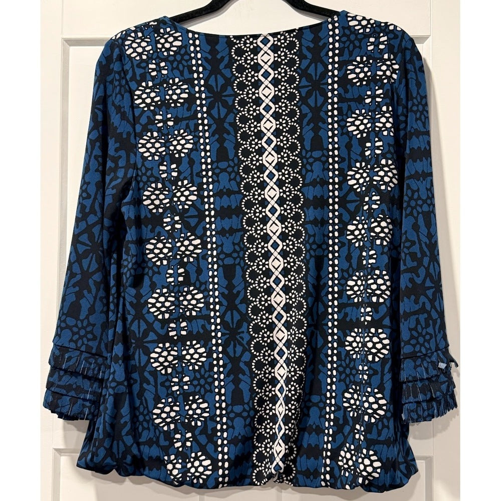 Alfani Teal, Black & White Long-Sleeve Abstract Print Blouse Size Medium