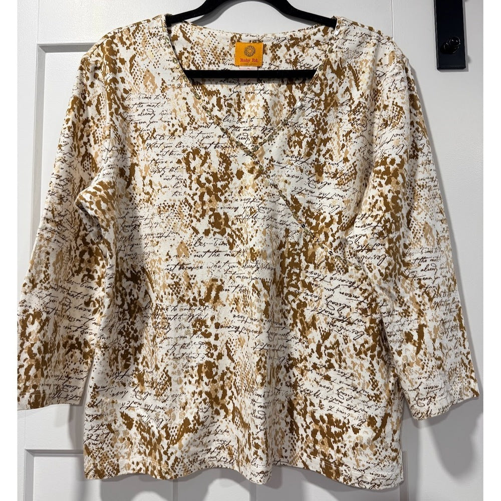 Reuby Rd. 3/4-Length V-Neck Print Tee With Gold Sequins Ladies Sz XL