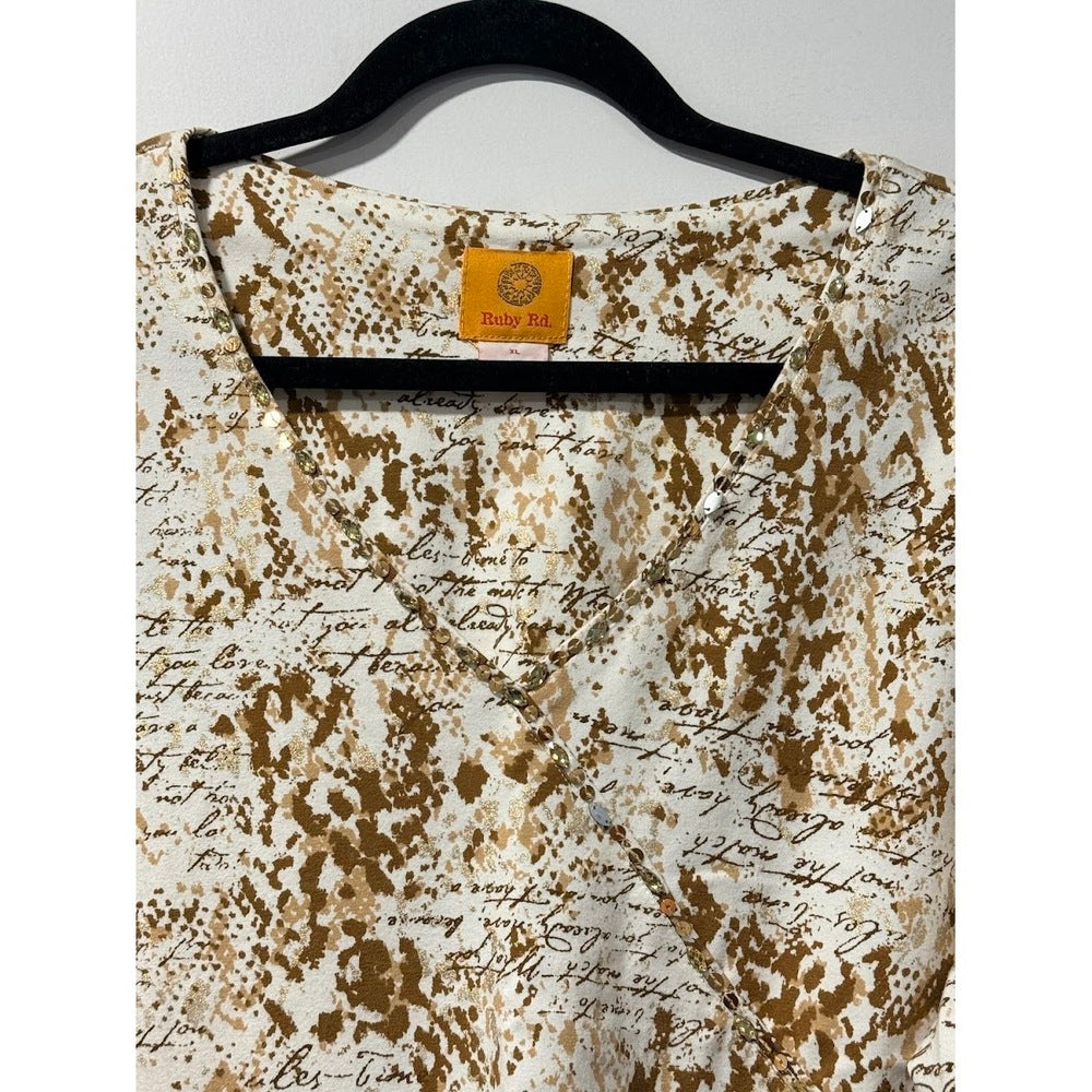 Reuby Rd. 3/4-Length V-Neck Print Tee With Gold Sequins Ladies Sz XL