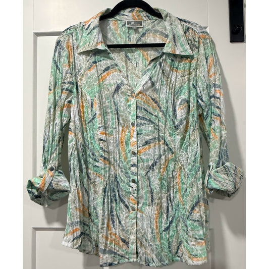 JM Collection Sheer Button-Front Blue & Green Floral Blouse Ladies Sz 12