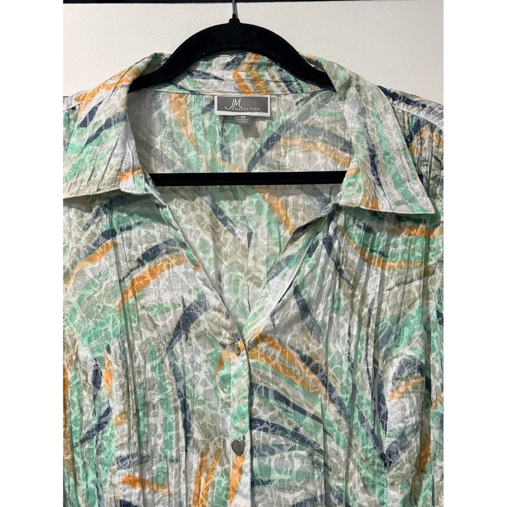 JM Collection Sheer Button-Front Blue & Green Floral Blouse Ladies Sz 12
