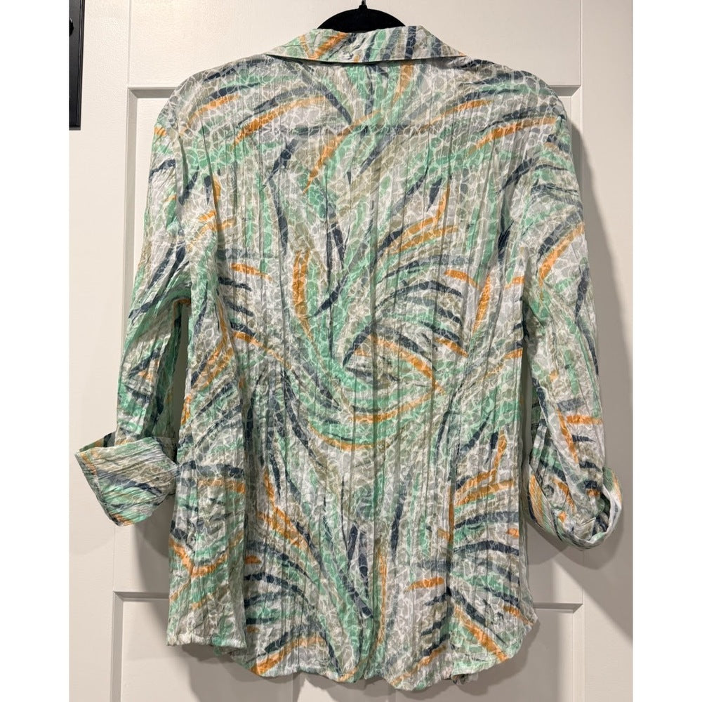 JM Collection Sheer Button-Front Blue & Green Floral Blouse Ladies Sz 12