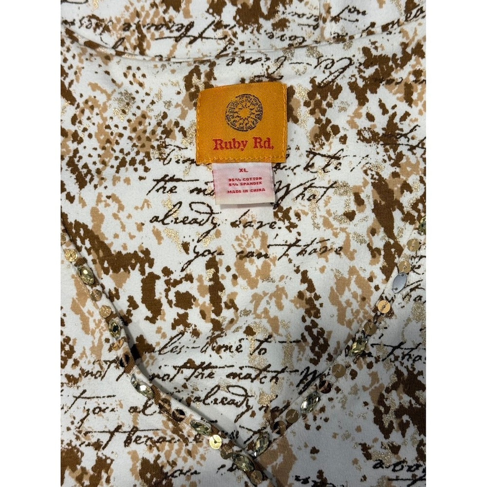 Reuby Rd. 3/4-Length V-Neck Print Tee With Gold Sequins Ladies Sz XL