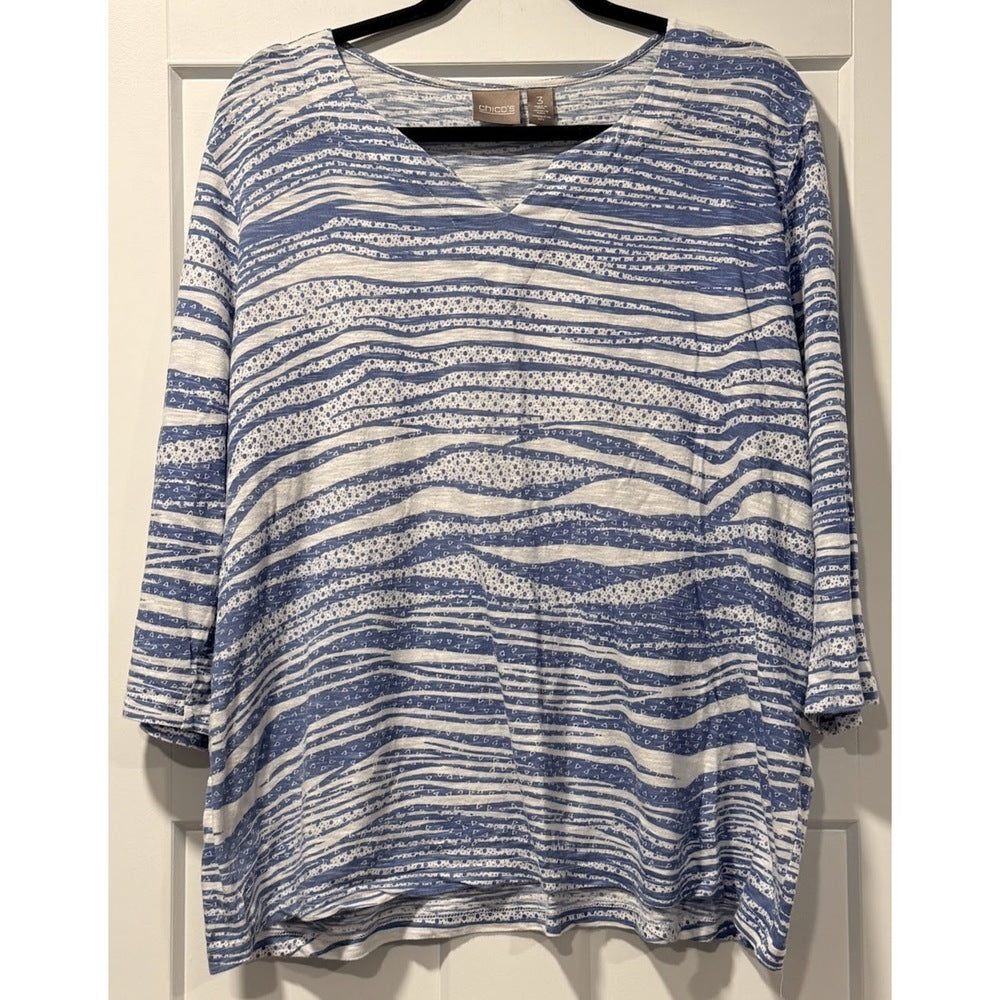Chico's Blue & White Wavy Striped 3/4-Length Sleeve Tee Size XL