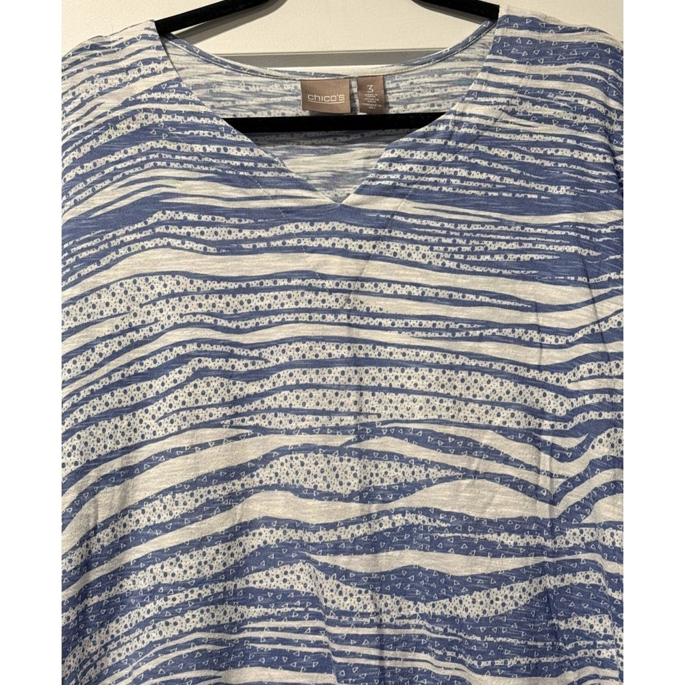 Chico's Blue & White Wavy Striped 3/4-Length Sleeve Tee Size XL