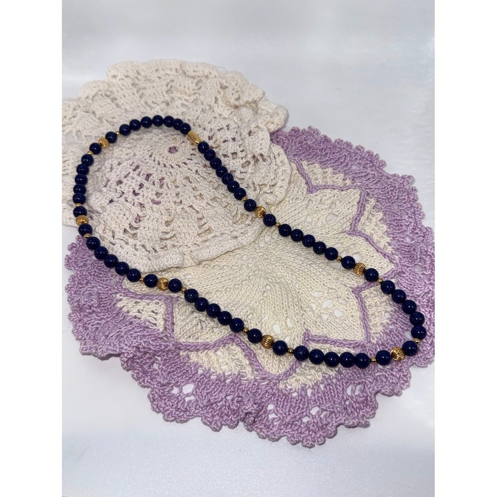 Vintage Navy Blue and Gold Beaded Necklace