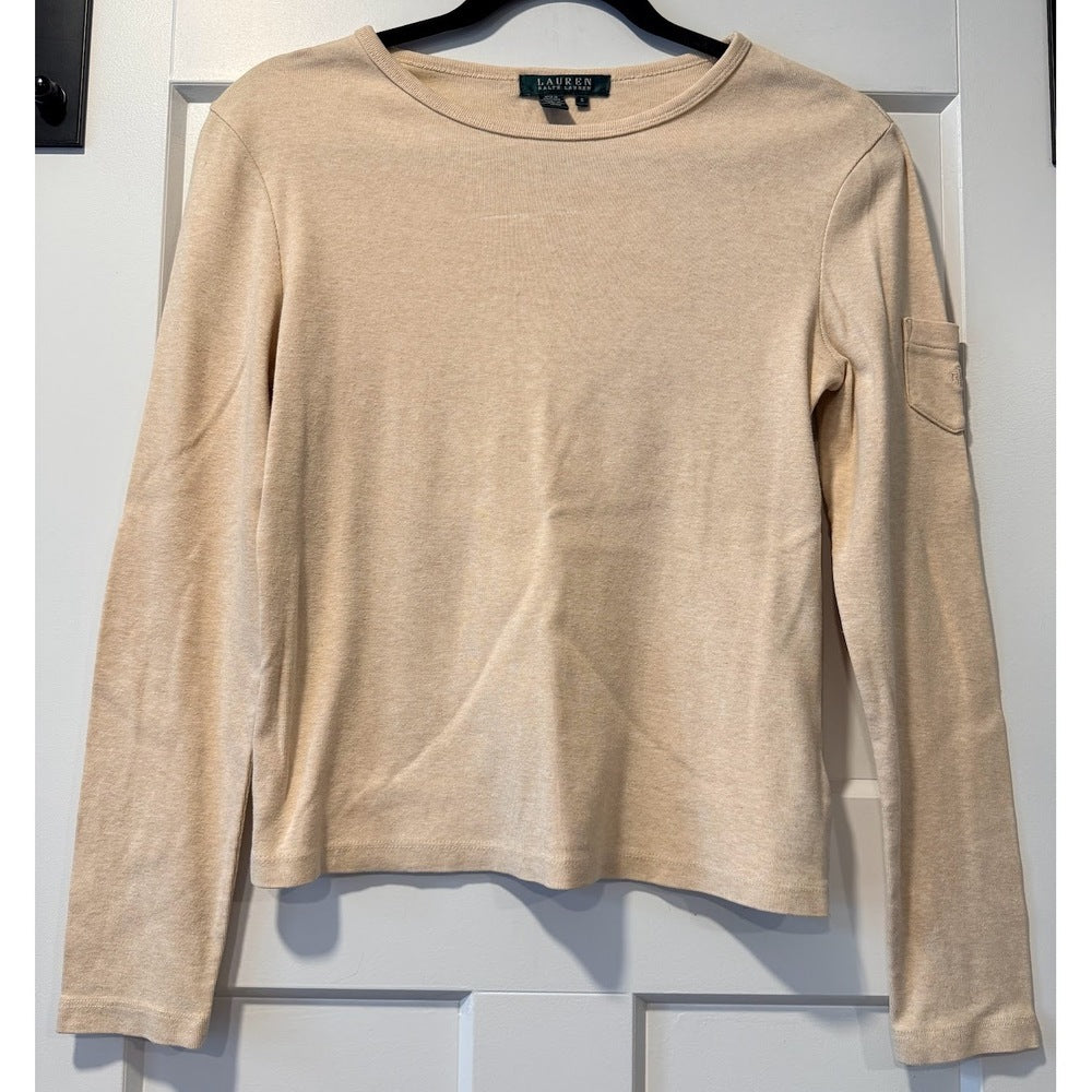 Ralph Lauren Long Sleeve Basic Cotton Knit Beige Tee w/ Sleeve Pocket