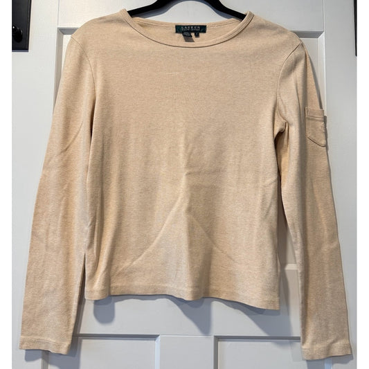 Ralph Lauren Long Sleeve Basic Cotton Knit Beige Tee w/ Sleeve Pocket