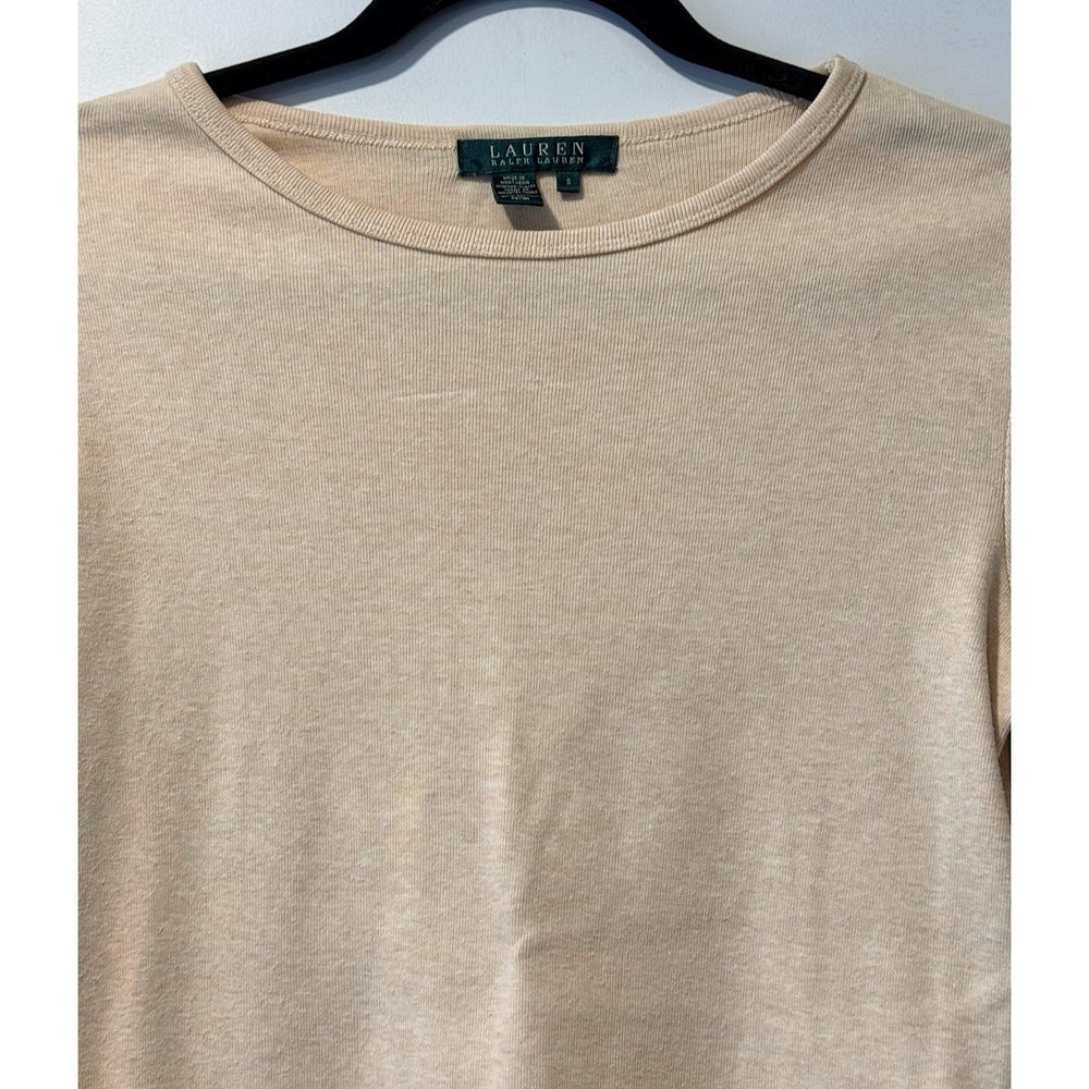 Ralph Lauren Long Sleeve Basic Cotton Knit Beige Tee w/ Sleeve Pocket