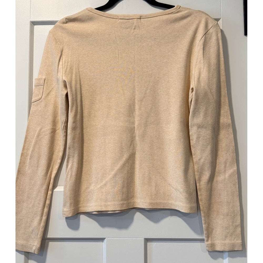 Ralph Lauren Long Sleeve Basic Cotton Knit Beige Tee w/ Sleeve Pocket
