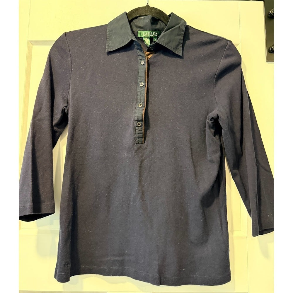 Ralph Lauren Long Sleeve Collared Henley Tee Navy Blue Size Small