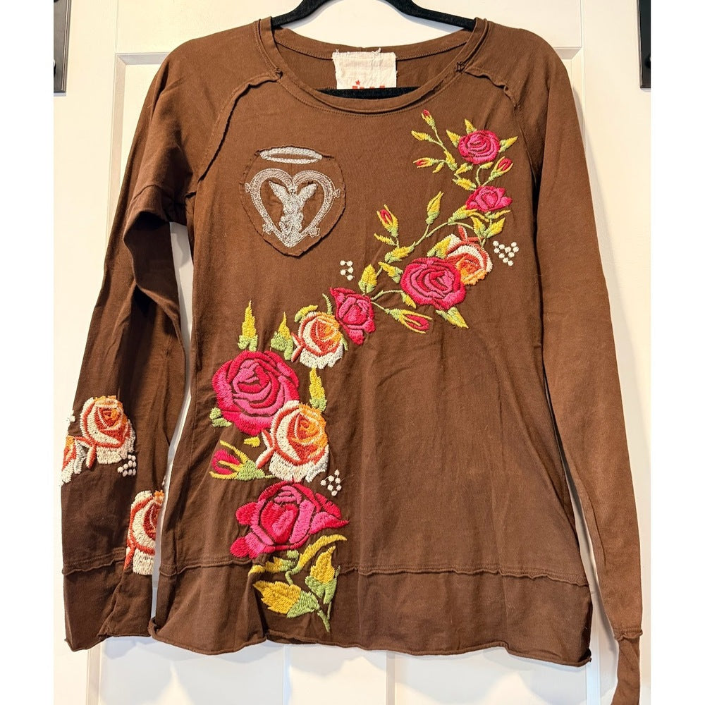 Johnny Was Long Sleeve Floral Emboidered Angel Tee in Chocolate Brown