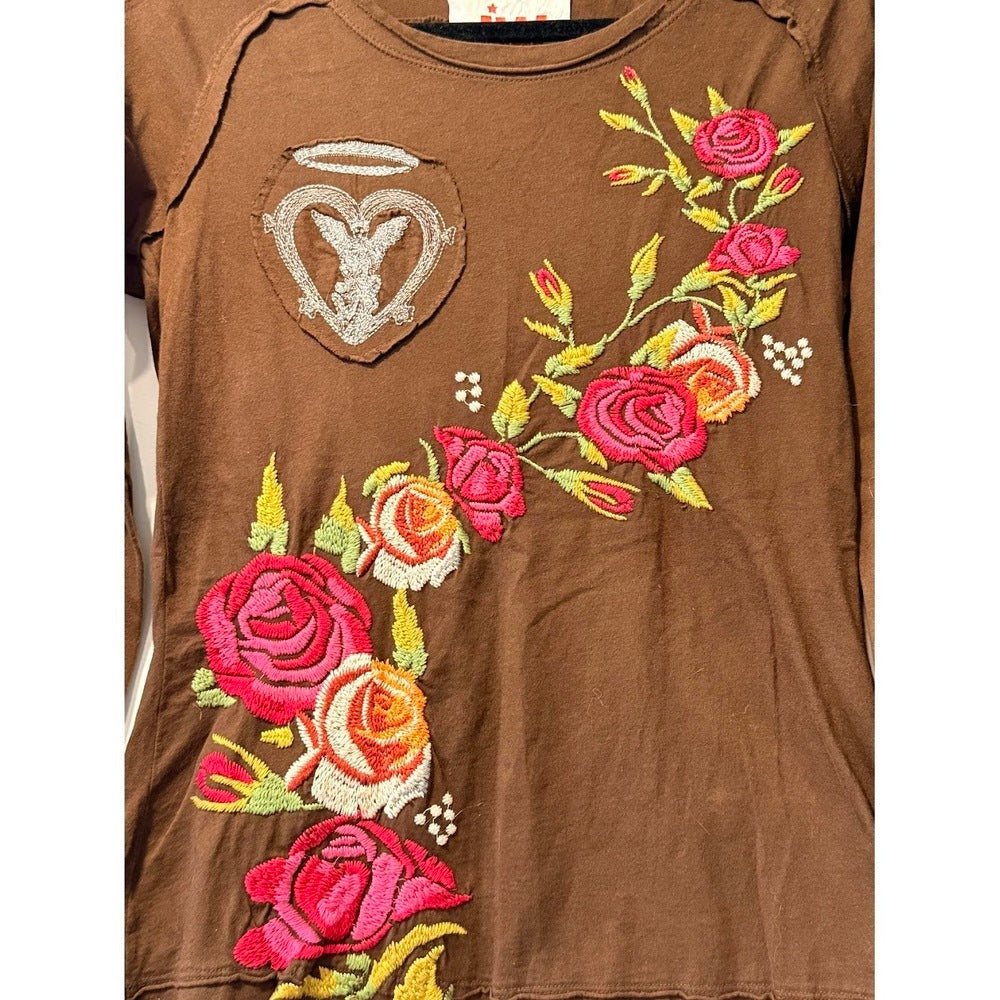 Johnny Was Long Sleeve Floral Emboidered Angel Tee in Chocolate Brown