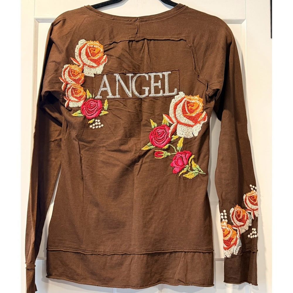 Johnny Was Long Sleeve Floral Emboidered Angel Tee in Chocolate Brown