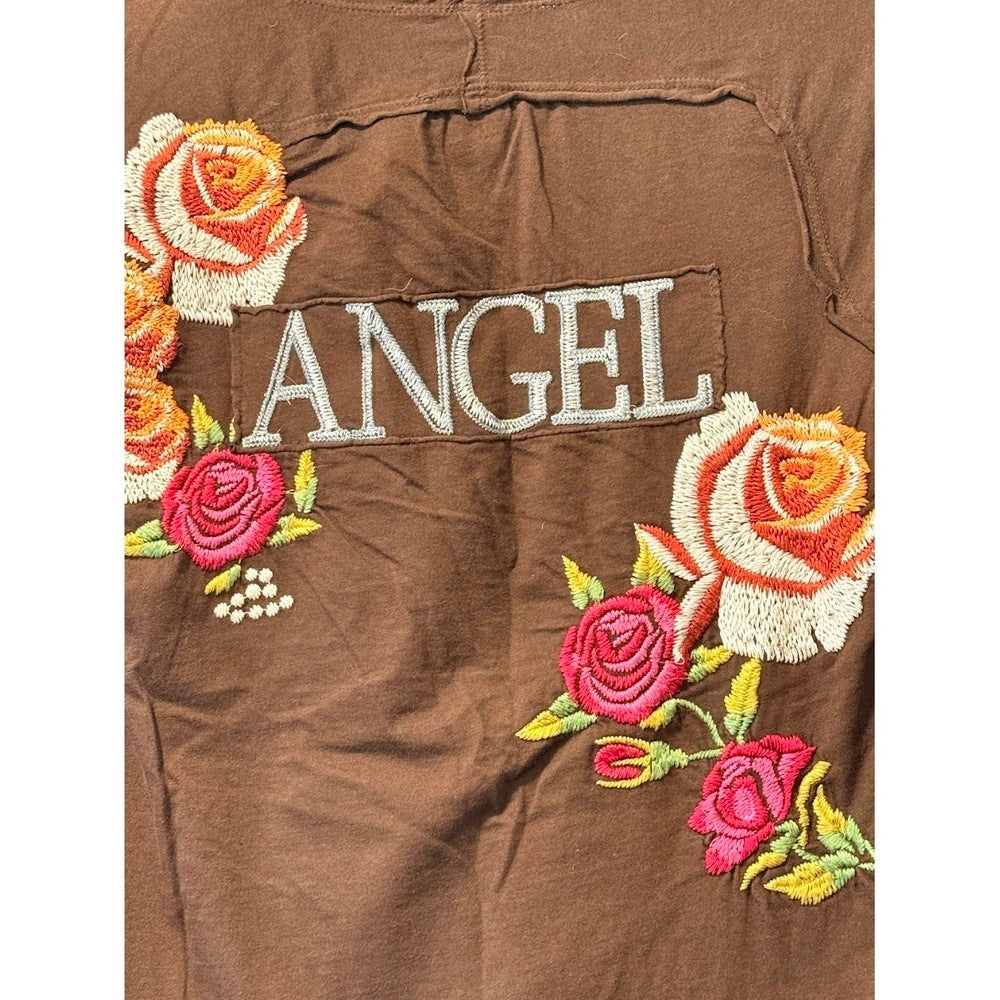 Johnny Was Long Sleeve Floral Emboidered Angel Tee in Chocolate Brown
