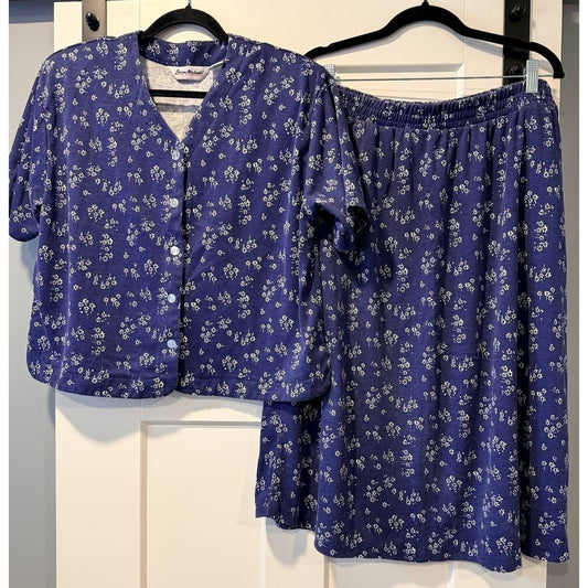 Vintage Susan Michaels Blue Floral Knit Skirt and Top Outit Sz Large