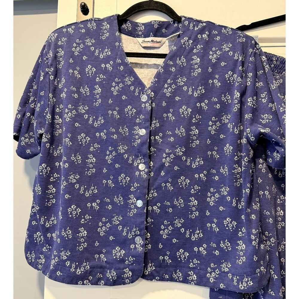 Vintage Susan Michaels Blue Floral Knit Skirt and Top Outit Sz Large