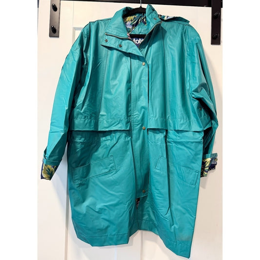 Vintage Totes Teal Raincoat With Floral Lining Ladies Size Large