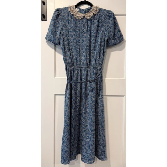 Vintage Jonathan Martin Teal Floral Dress w/ Lace Collar Ladies Size 6