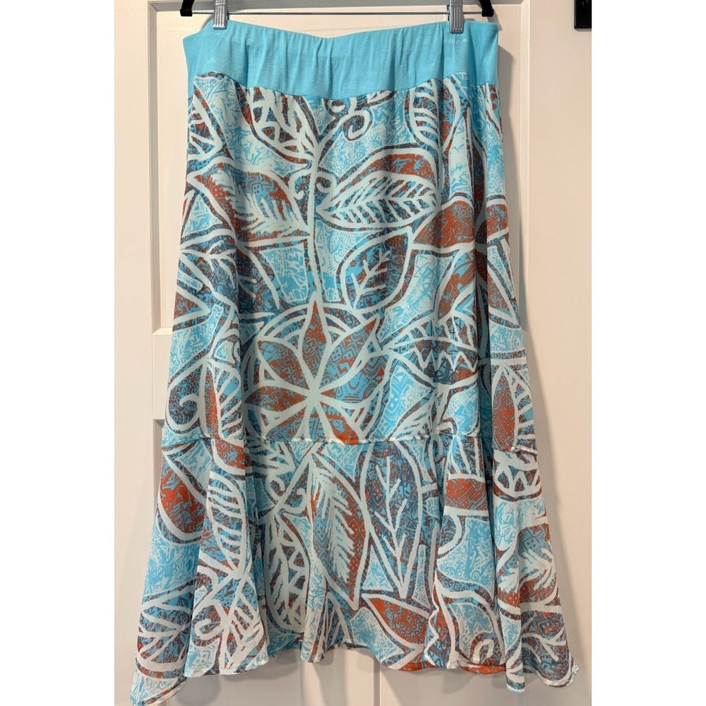 Multiples Flowy Teal Floral Skirt w/ Elastic Waistband Ladies Size XL