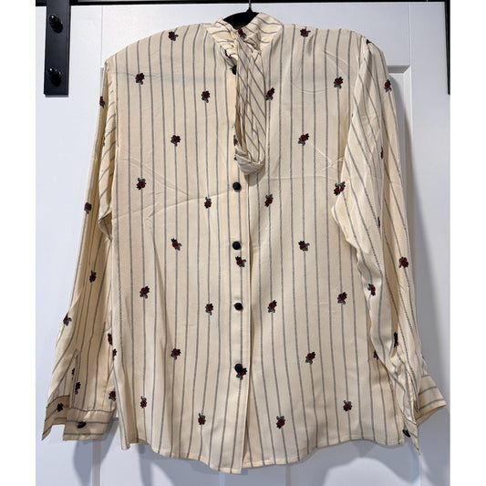 Vintage Sung Sport Floral Striped Blouse w/ Neck Tie Ladies Size Medium